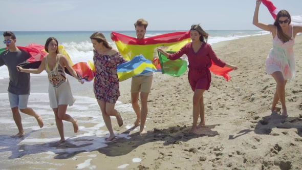 Group Of Friends With Flags Walking On Sunny Beach