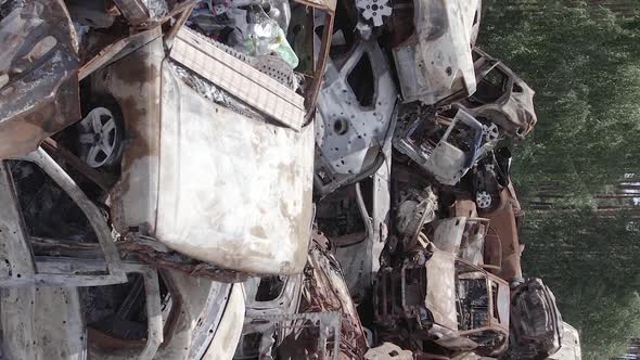 Vertical Video of a Dump of Destroyed Cars During the War in Ukraine