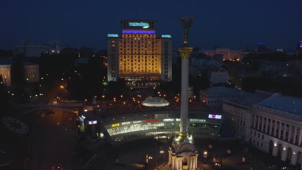 Aerial View From Drone of Ukraine Independence Square at Night