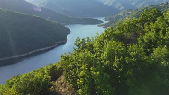 Aerial Panoramic View of Vacha Reservoir Located in Bulgaria Near the Devin City Rhodopa Mountains