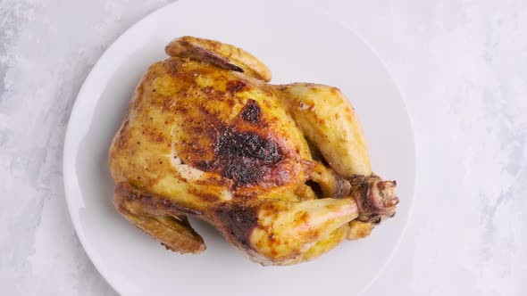 Baked crispy whole chicken revolving on gray background, top view.