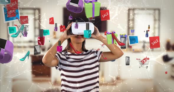 Woman using virtual reality headset with digitally generated sale icons 4k