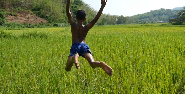 Poor Boy Running And Jumping In Rice Field
