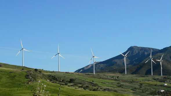 Wind Turbines Energy Moving at Sunny Day