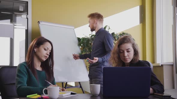 Three Office Workers, Man and Two Woman, Sitting at Desk with Computers