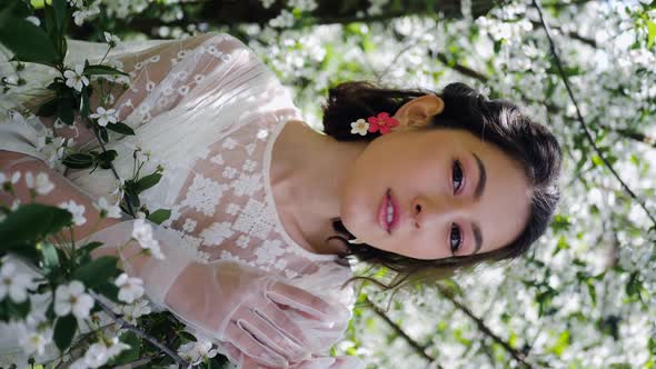 Fashion Portrait of a Young Beautiful Woman in a White Dress Standing and Posing Next to a Cherry