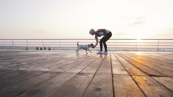 Young Woman Training Cute Dog Jack Russel Near the Sea Slow Motion