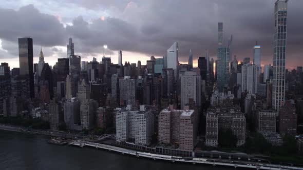 The Midtown East cityscape on a gloomy evening in New York, USA - Aerial view