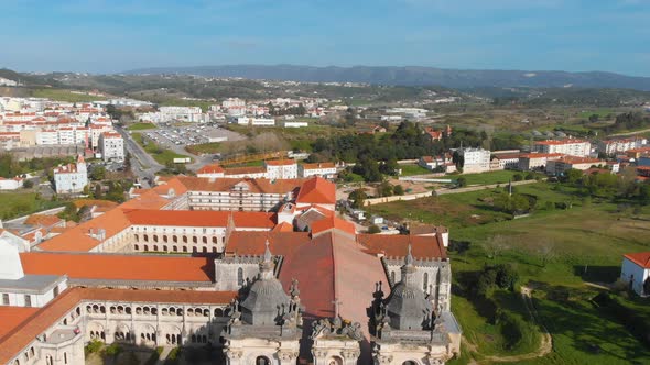 Aerial Drone Footage of Mosteiro De Santa Maria Alcobaca Portugal