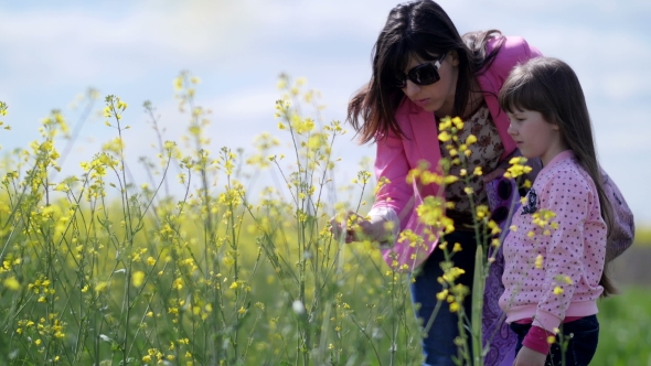 Mother And Daughter Exploring Yellow Flowers