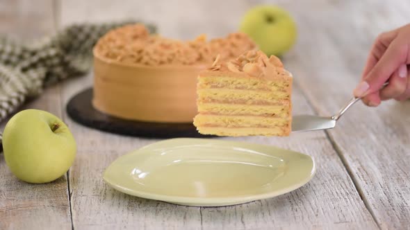 Piece of Apple Layer Cake with Caramel Cream.