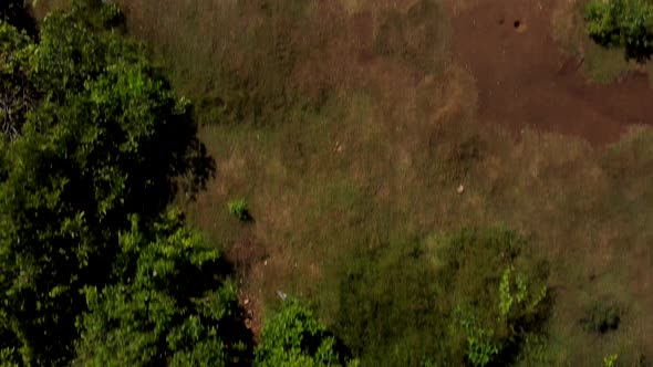 Drone fly over man stays on clifftop above ocean