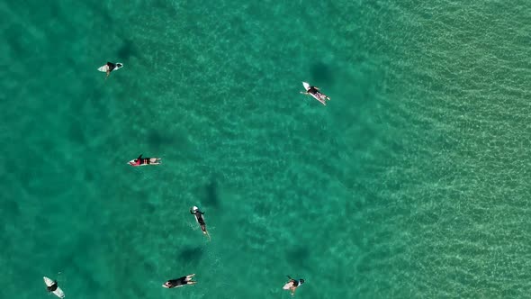 High view of surfers sitting in the ocean and riding waves