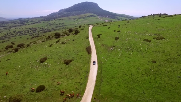 Aerial View Of The Road With Driving Car