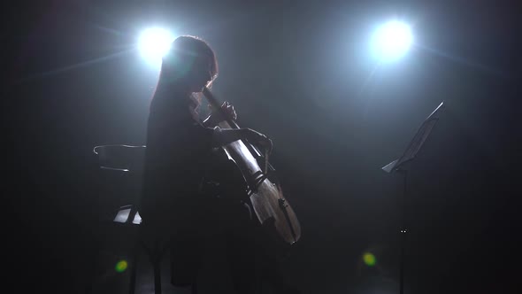 Woman Plays the Cello in a Dark Room and Looks at the Music Stand. Silhouette. Black Smoke