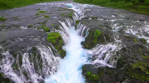 Drone Aerial View of Bruarfoss Waterfall in Brekkuskogur Iceland