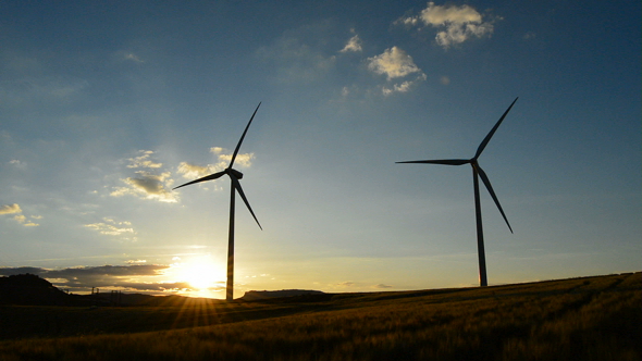Towers of Wind Turbines Energy at Sunset