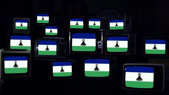 Flag of Lesotho on a Retro TV Wall.