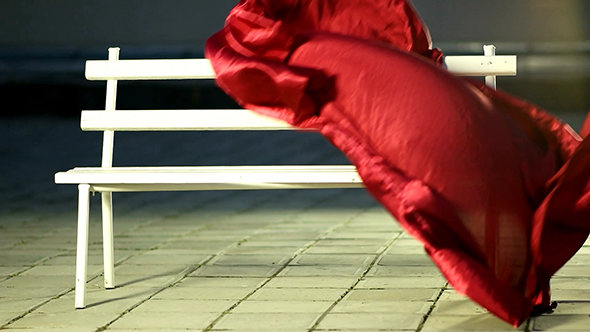 White Wooden Bench and Red Cloth Drape