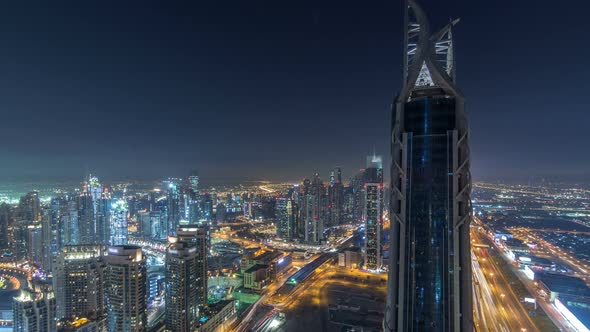 Dubai Downtown Night Timelapse Modern Towers Panoramic View From the Top in Dubai United Arab