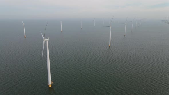 Windmills for Electric Power Production Netherlands Flevoland Wind Turbines Farm in Sea Windmill