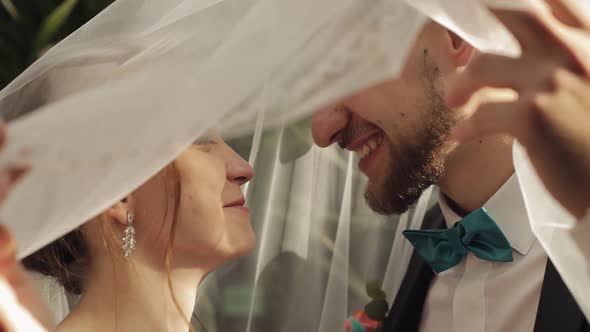 Newlyweds. Caucasian Groom with Bride Kissing Under the Veil. Wedding Couple