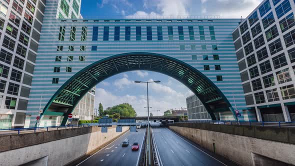 Day Time Lapse with traffic flow on highway in The Hague, The Netherlands