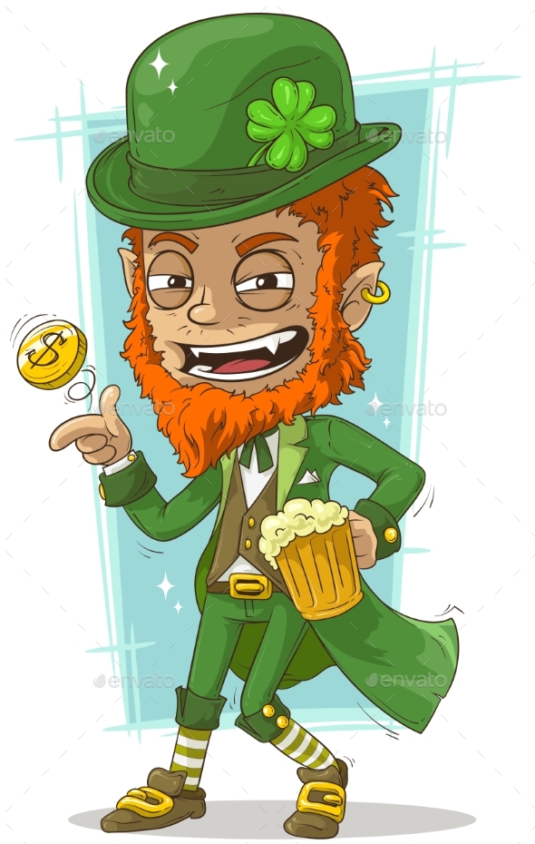 Cartoon Leprechaun With Gold Coin And Beer