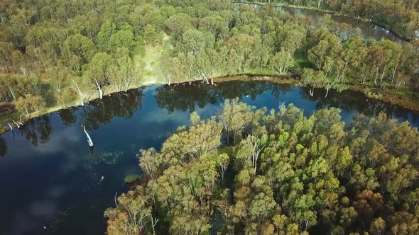 Aerial view of the Ovens River just before it meets the Murray River in north-eastern Victoria, Aust