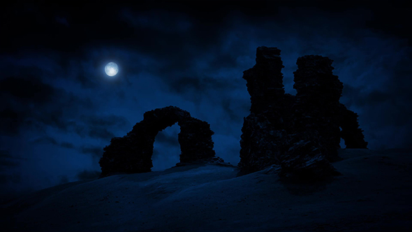 Castle Ruins On Hilltop With Full Moon