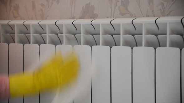 Female Hand In  Rubber Glove Cleans Heating Radiator