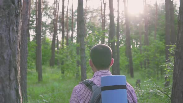 A man travels with a backpack on his back against the backdrop of a sunset in the forest