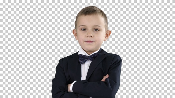 Handsome child looking at camera and crossing hands, Alpha Channel