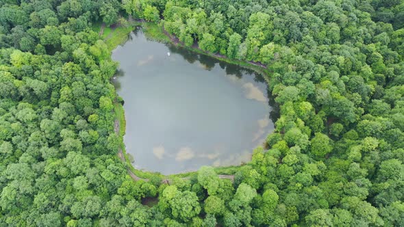 Aerial view Gosh Lake, a forested lake in  Armenia.