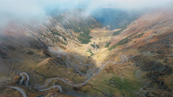 Aerial drone view of nature in Romania. Transfagarasan route in Carpathian mountains