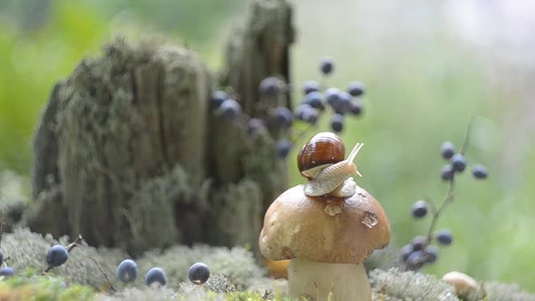 A Large Snail Crawls on a White Mushroom in the Forest