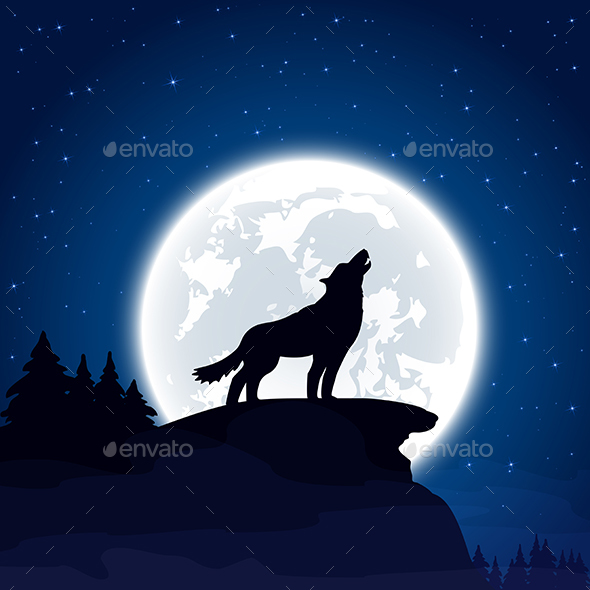 Wolf on Moon Background