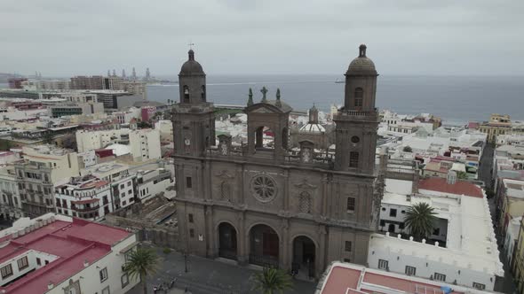 Stately facade of Cathedral of Santa Ana in Las Palmas, Canary Islands; aerial