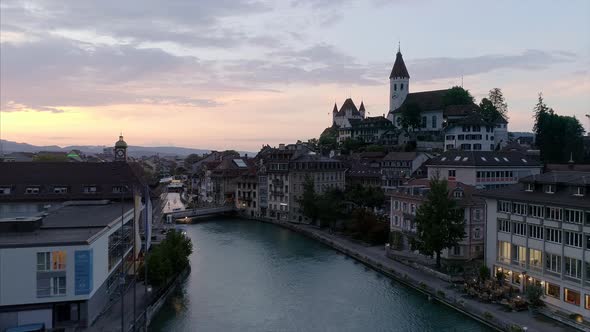 Aerial of Thun City Architecture and Castle at Sunset