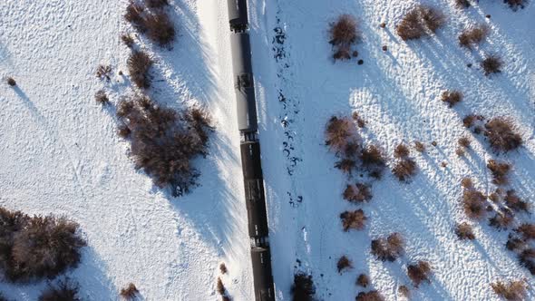 Train oil trailers trough a marsh in winter snow pull out