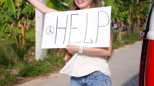 Hippy Boho Woman Smiling On Road With Long Arm. Summer Travel. 