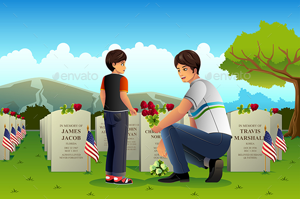 Father Son Visiting Cemetery on Memorial Day