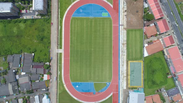 Aerial view new Stadium Top down from Drone view Green Football soccer field Aerial footage Drone