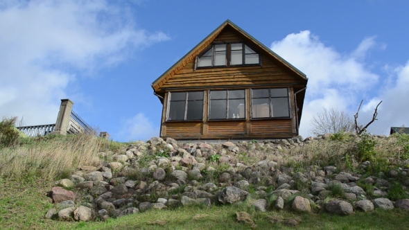 Fast Rural Wooden Summer House Stone Hill Cloud Flow Blue Sky