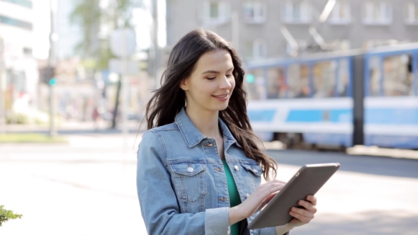 Happy Young Woman Or Teenage Girl With Tablet Pc 6