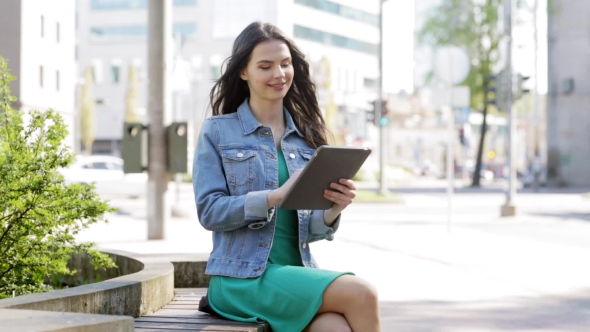 Happy Young Woman Or Teenage Girl With Tablet Pc 29