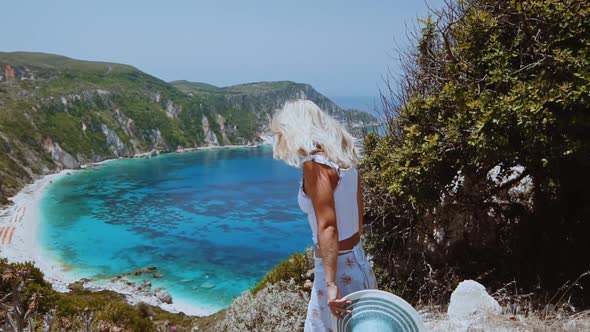 Slow Mo of Beautiful Blond Women with Wind Breeze in Her Hair on Summer Vacation at Kefalonia Island