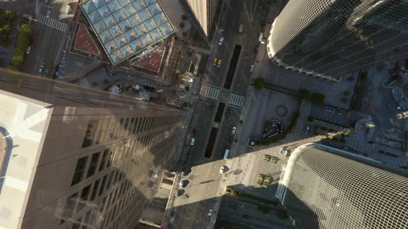 Little Car Traffic on Main Road of Big City Downtown Los Angeles Due to Covid 19 Coronavirus