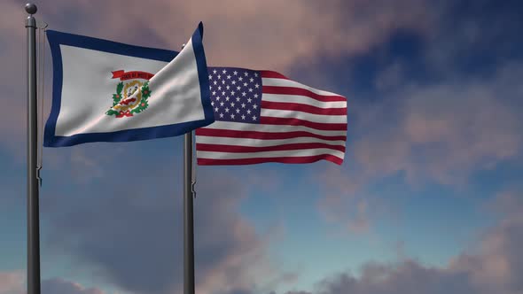 West Virginia State Flag Waving Along With The National Flag Of The USA - 4K