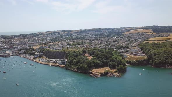 Panorama view of Brixham England. Panoramic view of harbour and town in southwest England.